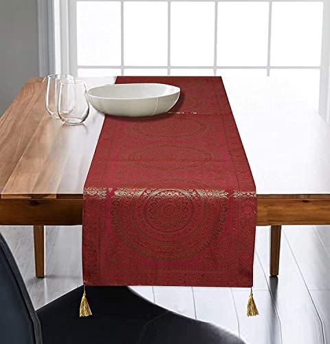 Image of Diwali Decor Brocade Jacquard Silk Table Runner Long Runner for Dinning & Centre Table Mandala Print 72 x 16 Inches (Maroon)