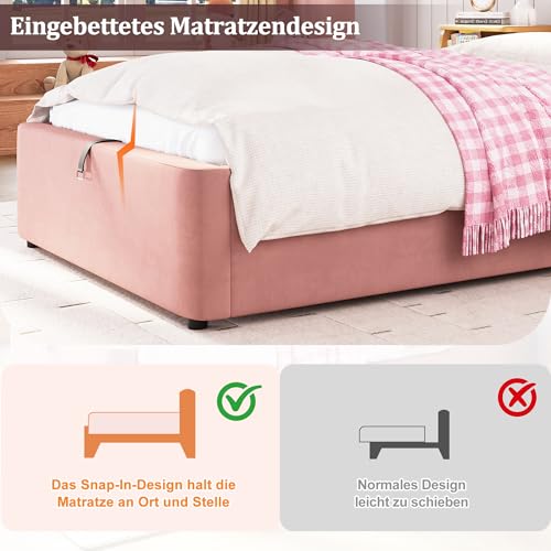 Gelukueub Polsterbett,Einzelbett, Kinderbett 90 x 200cm, hydraulisches Funktionsbett, Bett mit Lattenrost, Kopfteil und großem Stauraum, gepolstertes Kopfteil, Samt, rosa – Bild 6