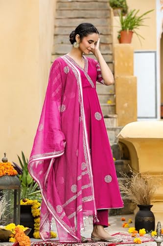 Image of GoSriKi Women's Cotton Blend Printed Anarkali Kurta with Pant & Dupatta | Ethnic Wear for Women | Indian Casual Office Daily Summer Outfit