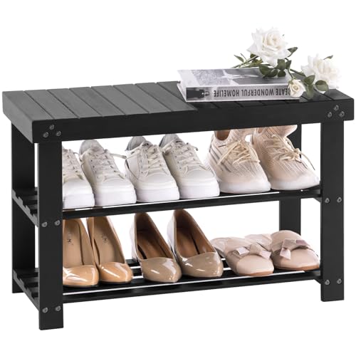 Apicizon Bamboo Shoe Rack for Entryway, 3-Tier Shoe Rack Bench for Front Door Entrance, Small Shoe Organizer with Storage, Black