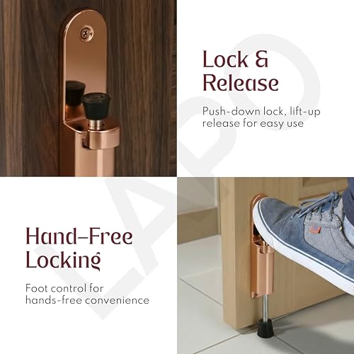 Image of LAPO Heavy Duty Extendable Door Holder for Home Furniture, Spring Mechanism Stopper with Push Type, Anti Slip Rubber Base, Easy DIY Installation, 3 Years Warranty (Rose Gold Finish, Pack of 1)