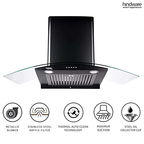 Image of Hindware Smart Appliances | Elena 90 cm Chimney | 1100 CMH | Curved Glass | Auto Clean | Push Button | 5 Yrs Warranty on Motor & 2 Yrs on Product | Wall Mounted (Baffle Filter, LED Lamps, Black)