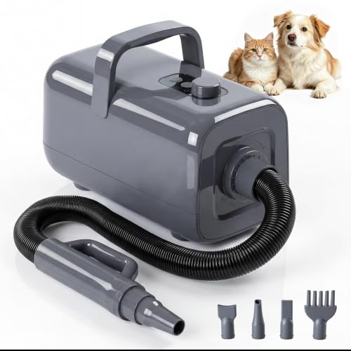 Image of DUMOS Pet Grooming Blow Dryer, Low Noise Dog Hair Dryer with Adjustable Wind Speed & Heater Temperature, Cool-Warm-Hot Cycle Mode, 4 Nozzles, 6.5 FT Cord, Grey