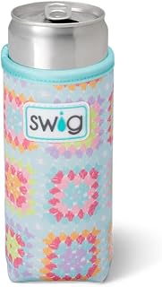 Swig Life 12oz Insulated Skinny Can Cooler for Slim Cans, Granny Squares | Insulated Neoprene Sleeve - Fits Slim 12oz Cans & Bottles - Keeps Drinks Cold - No Sweat Design