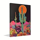 Cactus Decor Framed Artwork,Desert Sunset Wall Art,Botanical Prints Trippy Posters,Green Pastel Landscape Abstract Illustrations,Cactus Trippy Room Decor Aesthetic Bathroom Wall Art (Framed, 12x16 inches)