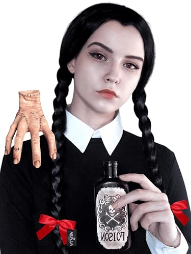Image of ALLAURA Braided Black Wig Costume Wed. Black Braided Pigtail Wig Braids + Red Ribbons Costume Wig Halloween Costume | Compatible with Wednesday Wig