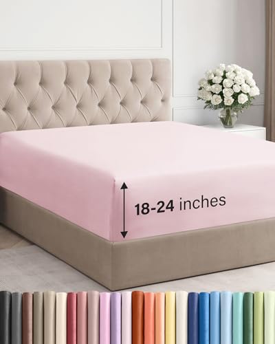 Image of Extra Deep Queen Fitted Sheet - Single Fitted Sheet Only - Lavender Pink | Easily Fits 18 inch to 24 inch Mattress, Soft, Wrinkle Free, Breathable & Comfy, Extra Deep Pockets Hotel Luxury Fitted Sheet