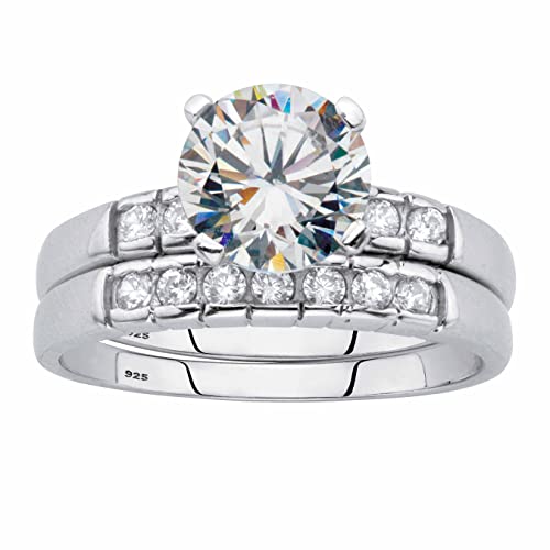 PalmBeach 18k Gold-Plated or Platinum-Plated Sterling Silver Round CZ Two Tone 2 Piece Bezel Set Bridal Ring Set Size 9