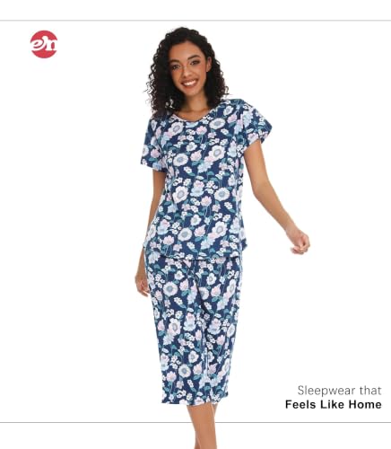 Image of ENJOYNIGHT Womens Pajama Sets Cotton Pj Set Short Sleeve Top With Capri Pants Sleepwear 2 Piece Lounge Set