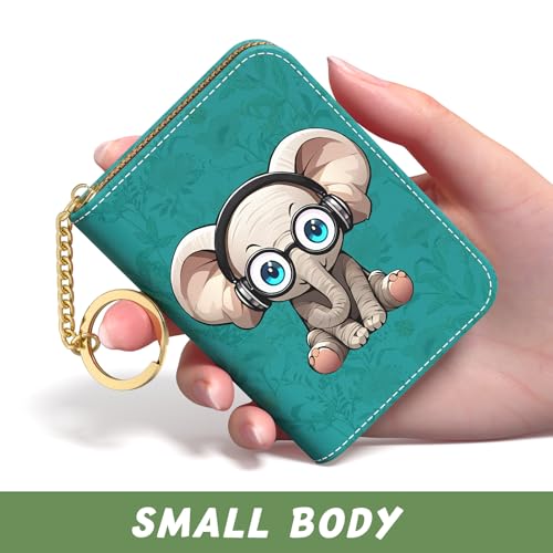 Image of Aiawoxc Credit Card Holder, Small RFID Wallet Slim Leather Card Organizer Case with Zipper and Keychain, Pretty Elephant