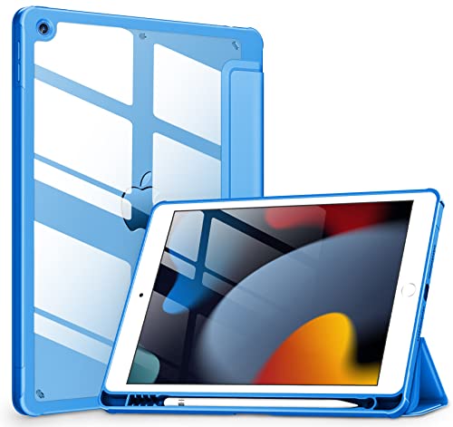 VIKESI Case for iPad 9th / 8th / 7th Generation 10.2 inch (2021/2020/2019 Released), Clear Back, TPU Shockproof Frame Cover[Built-in Pencil Holder,Support Auto Sleep/Wake] for ipad 10.2 - Azure