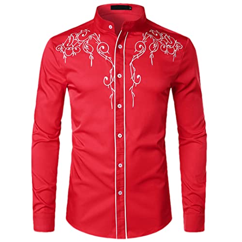 Chemise de cowboy occidental brodée rouge pour homme Niiyyjj en coupe ajustée taille L