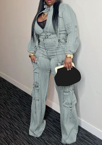 Tbahhir Womens 2 Piece Sets Denim Outfits Long Sleeve Crop Jean Jackets Cargo Pants with Pockets Y2k4