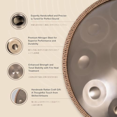 Image of PERLMAN Handpan Drum - 22-Inch 9-Note D Kurd 440Hz - Hand Tuning Handpan - Includes Soft Bag, Mallets, Stand, Note Stickers, Cleaning Cloth - Artist Performance Video