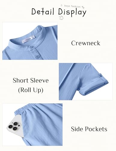 Image of Arshiner Boy's 2 Pieces Linen Sets Short Sleeve Henley Shirt and Shorts Summer Beach Matching Outfits 4-12 Years