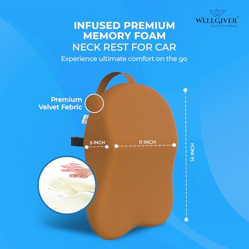 WELLGIVER Orthopedic Car Neck Rest Pillow Superior Neck Support Cushion Headrest Cushion -Car Neck Pillow for Neck Pain Relief in Office, Driving | 17 x 12 x 5 Inch | Tan Velvet Cover | Pack of 1