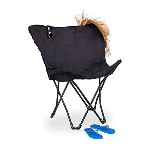 Relaxdays Silla Camping Plegable Butterfly Chair con Diseño Mariposa, Negro, Acero y PVC, 86,5 x 82,5 x 61 cm