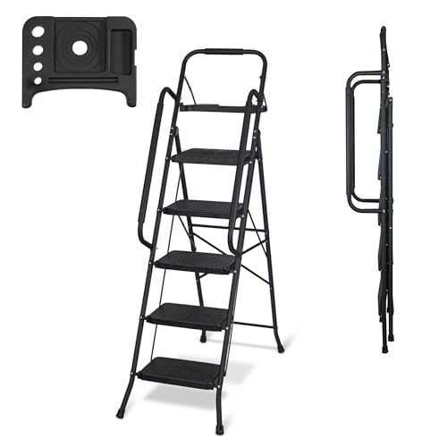 Bestfor 5 Step Folding Ladder with Cushioned Hand Rails, Extra Wide Non-Slip Steps, Tool Tray, 150kg Limit, Durable Steel, Easy Fold & Carry, Space Saving Black Step Ladder