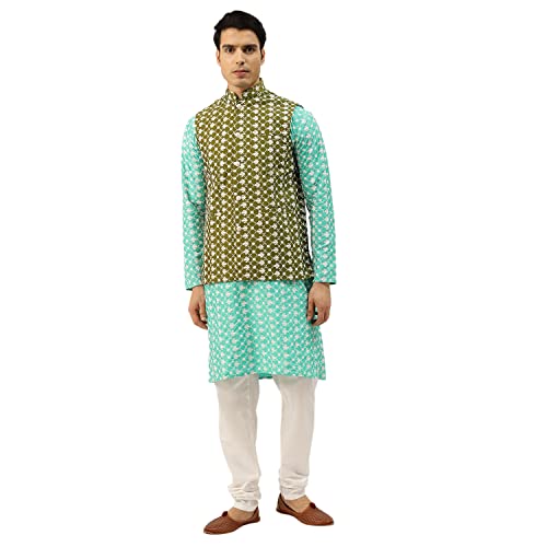 Image of SOJANYA (Since 1958 Men's Silk Blend Light Green Kurta & Nehrujacket with White Pyjama Combo