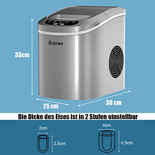 COSTWAY Eiswürfelmaschine 12KG/24H, Ice Maker 9 Eiswürfel in 6-13min, Eismaschine 2,2L Wassertank, Eiswürfelbereiter 2 Eiswürfelgrößen inkl. Schaufel, 25x36x33cm (Silber) – Bild 7