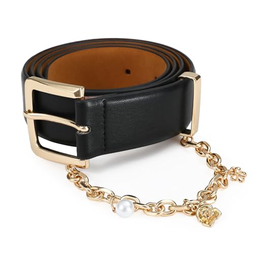 Black Belt for Women Gold Buckle with Chain Decoration Belts Perfect for Jeans and Casual Wear2