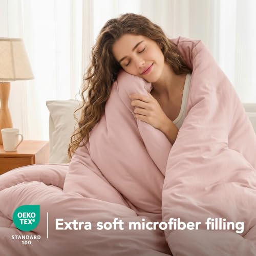 Image of Queen Comforter Set Prewashed Lightweight Quilted Bedding for All Season | 3PCS Blush Pink Breathable Down Alternative Bedding Set with 1 Solid Comforter (90 inchx90 inch) and 2 Soft Pillowcases