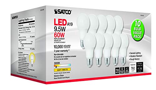 Image of Satco S11410, A19 LED Light Bulbs, 60W Replacement, 3000K, 10-Pack | 760 lumens each, 90 CRI, Enclosed fixture rated, Damp location approved, Title 20 compliant