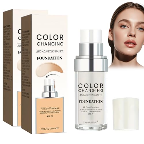 2 PCS Base Líquida, Base Tono Piel Cálida Que Cambia Color Impecable, Base de maquillaje que cambia de color, Imprimación de poros invisible, base de maquillaje que cambia de color impecable