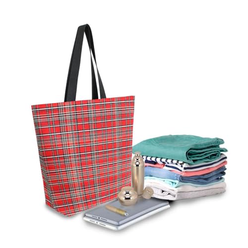 Extra Large Shoulder Tote Bag for Beach Travel Weekender Gym Red Plaid Pattern Reusable Grocery Canvas Shopping Bag3
