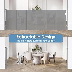 Reinforced 75” Wide Retractable Dog Gate with Support Rods, Upgrade Extra Wide Retractable Baby Gates for Doorways Long Mesh Gate for Kids and Pets Safety Child Gate for Stairs Toddler Gate (Gray)