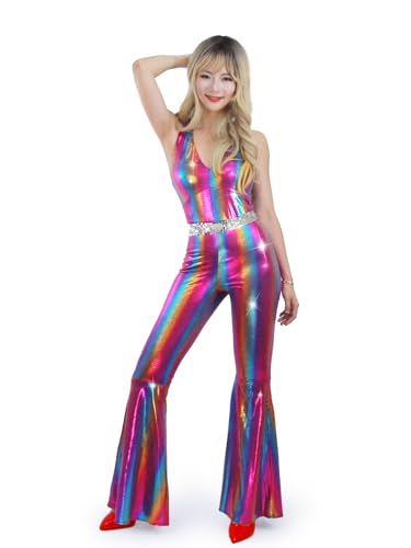 Nawgut Disco Outfit 70s 80s Prom Sparkle Flare Jumpsuit Party Costume Halloween Cosplay For Adult Women-Medium