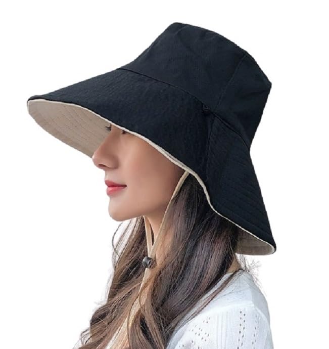 Bucket Cap Hats Reversible for Women UV & Sun Protection Wide Brim Summer Cap for Girls Hat Breathable Casual Beach Hat for Women. (Black & Beige Reversible)