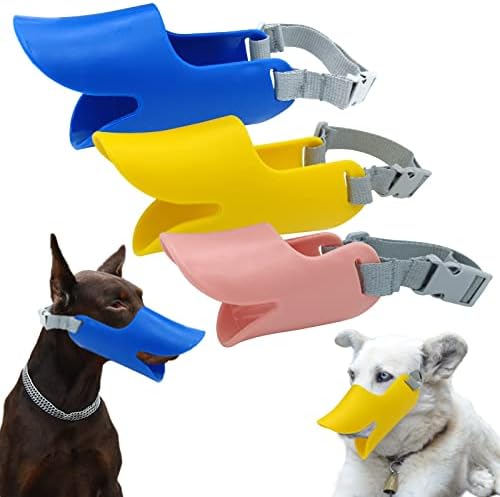 3PCS Dog Muzzle, Mouth Cover Silicone Dog Anti Barking Chewing,Cute Duck Shape ,Anti bite Adjustable Loop Pets Muzzle (Small, Medium,Large)