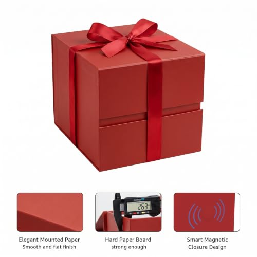 Image of LIFELUM Red Gift Box with Lid 7 x 7 x 7 inch, 1 Pack Magnetic Gift Box for Presents Includes Greeting Card, Ribbon and Paper Filler for Christmas, Birthday, Wedding, Baby Shower