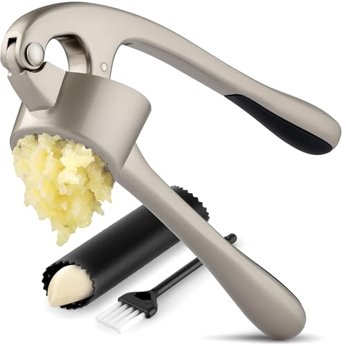 Zulay Kitchen Large Premium Garlic Press Set - Bigger Bowl for Bigger Garlic - Rust Proof & Dishwasher Safe Garlic Mincer Tool - Easy-Squeeze, Easy-Clean Silicone Garlic Peeler & Brush (Silver)
