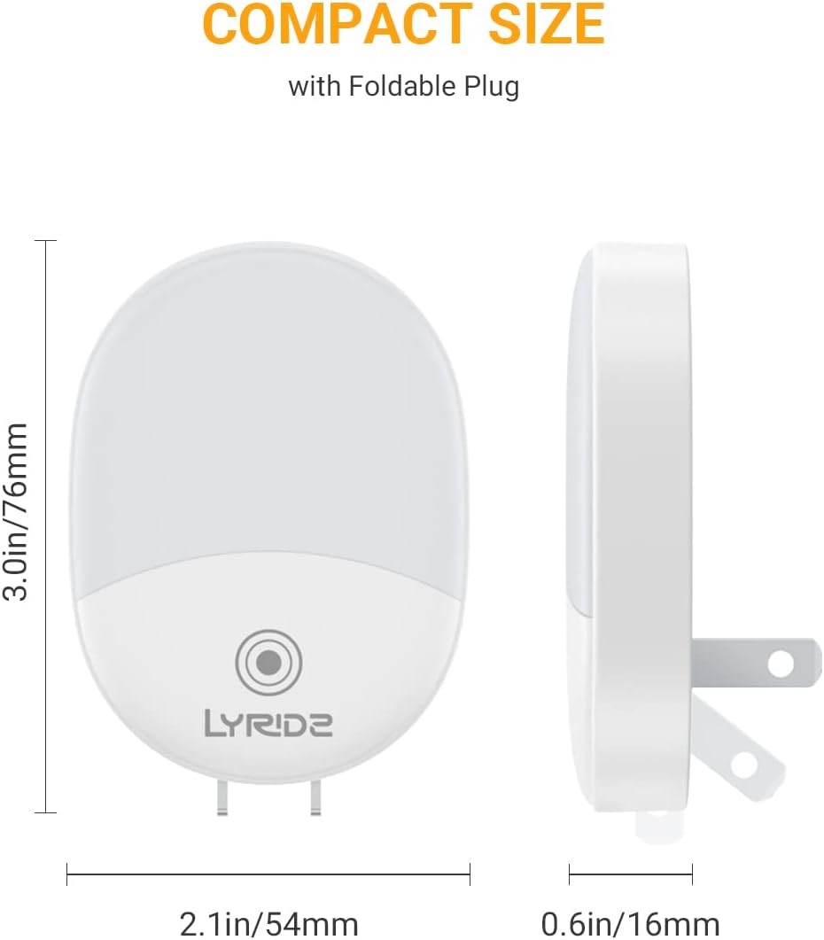 Lyridz A5119 Night Light dimensions: 3.0in/76mm height, 2.1in/54mm width, 0.6in/16mm depth with foldable plug