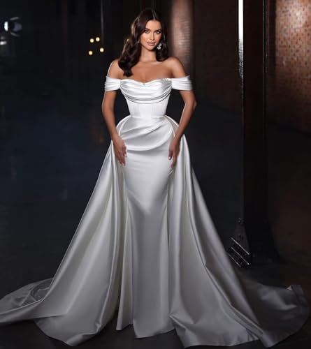 Satin Prom Dress Long Off The Shoulder Formal Evening Gown Ruched Bodice Mermaid Wedding Dresses for Bride2