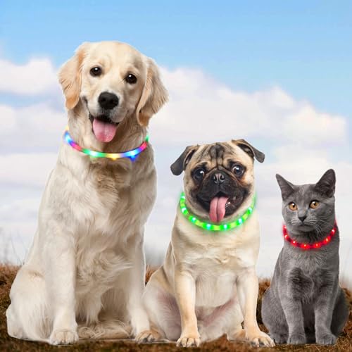 AUAUY LED Leuchthalsband Hund, USB Aufladbar Längenverstellbarer Haustier Sicherheit Silikon Kragen Zuschneidbares Wasserdicht Leuchthalsband für Hunde und Katzen, 4 Modus (Bunt)