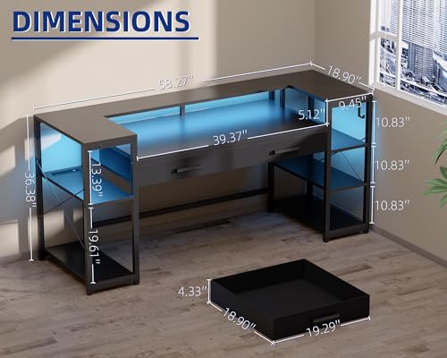 Image of Pamray 58 Inch Computer Desk with Monitor Stand and Shelves Gaming Desk with LED Lights & Power Outlets PC Vanity Table with 2 Drawers for Home Office White