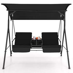 KOMFOTTEU Hollywoodschaukel für 2 Personen, Verandschaukel mit Baldachin verstellbar, Gartenschaukel mit 23L Kühltasche, Tablett & Rückenkissen Sitzkissen, Schaukelbank für Terrasse Garten (Schwarz)