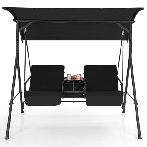 KOMFOTTEU Hollywoodgunga för 2 personer, justerbar verandagunga med baldakin, trädgårdsgunga med 23 l kylväska, bricka och ryggkudde, sittkudde, gungbänk för terrass, trädgård (svart)