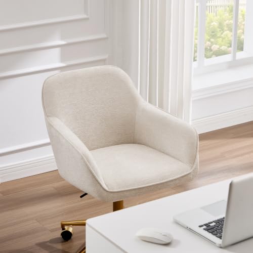 Image of Zesthouse Vanity Chair with Wheels for Girl Women, Swivel Office Desk Chair | Beige Chenille Rolling Office Chair with Arms & Gold Base, Upholstered Fabric Desk Chair for Bedroom, Height Adjustable Chair
