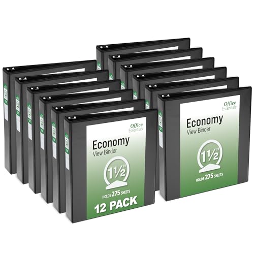 Office Essentials Economy View 3 Ring Binders 1.5 Round Rings 2.1 Spine 275-Sheet Capacity Black Binders (12-Pack of 03427)