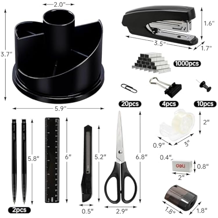 deli Office Supplies Set, 1045 Pcs-Desk Accessory Organizer Kit, Stapler Set, Rotating Multi-Functional Pen Holder, Tape Dispenser, Pens, Binder Clips, Sharpener, Scissor, Eraser, Black