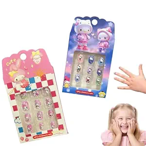 Apeak Cartoon Fake Nails for Girls | 12PCS Kids Press On Nail Set with Jelly Glue | Safe Short Reusable Artificial Nails for Parties & Play Makeup (Multicolor, Pack of 2)