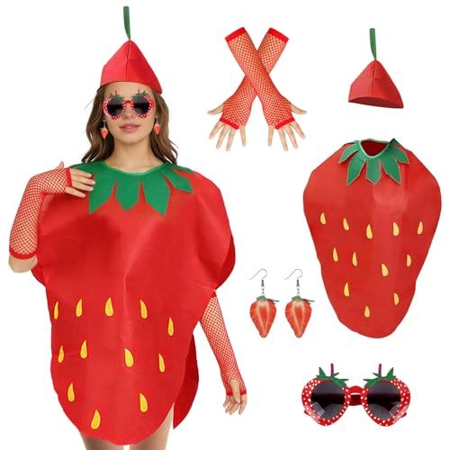 Znnhnn Erdbeer Kostüm Damen,Bedrucktem Überwurf+Brille+Hut+Ohrringe+Handschuhe,Erwachsene Erdbeere-Kostüm,Strawberry Obstkostüm für Fasching...