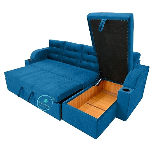 Image of Comfort Designs Nora Standard 5 to 6 Person Corner Sofa Cum Bed with Geometrical Right Hand Side Wood Sal Wood Frame Polyester Fabric (Blue)