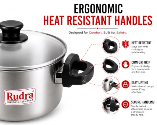 Image of RUDRA Stainless Steel Rice Cooker & Steamer with Glass Lid & Strainer Lid | Induction Base | Clip Lock Handles | Multipurpose Cooking Pot for Rice, Pasta, Vegetables, Noodles