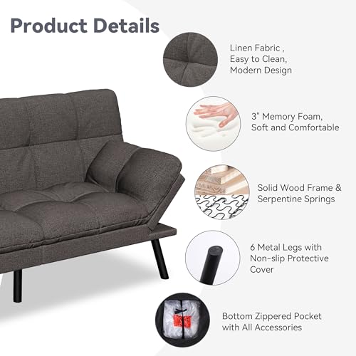 image for AMICLIBER Convertible Futon Sofa Bed,Grey Linen Modern Futon Couch,Mem