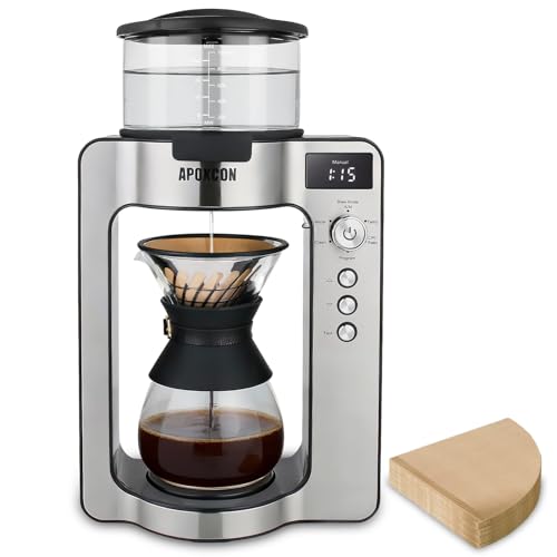 APOXCON Drip Coffee Maker, Automatic Pour Over Coffee Machine with Natural Filters for Home Brewer, Programmable Coffee Dripper with Built‑in Scale & Adjustable Strength, Single Serve or Full Carafe